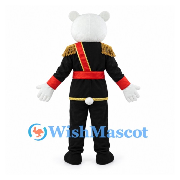 Bear Mascot Costume with Black Soldier Uniform and Red Sash