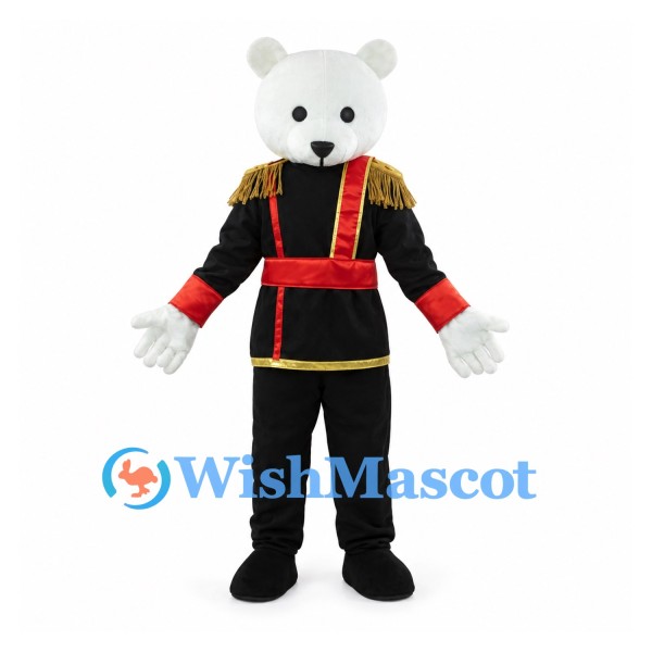 Bear Mascot Costume with Black Soldier Uniform and Red Sash