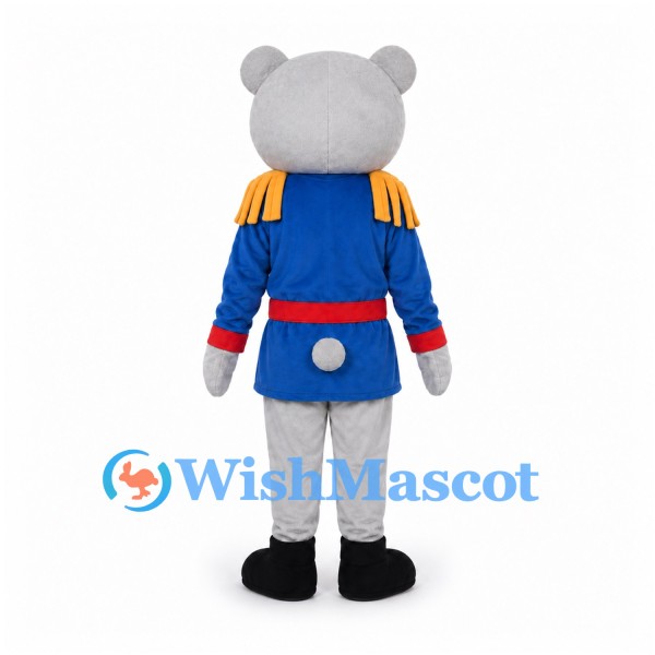 Bear Mascot Costume with Blue Soldier Jacket and Gold Trim