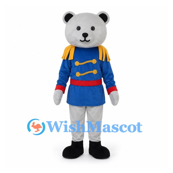Bear Mascot Costume with Blue Soldier Jacket and Gold Trim