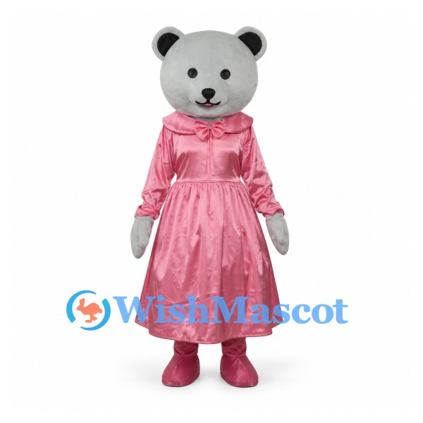 Bear Mascot Costume in Gray with Pink Satin Dress