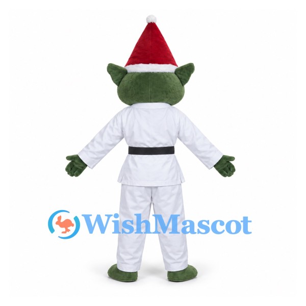 Alien Mascot Costume with White Martial Arts Suit and Santa Hat