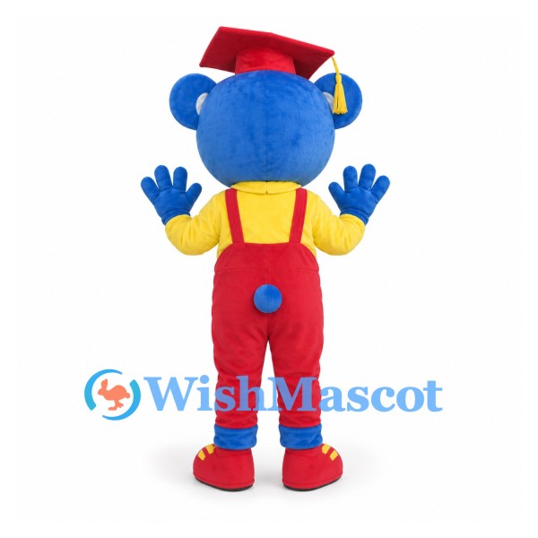 Bear Mascot Costume in Blue with Red Graduation Cap and Overalls