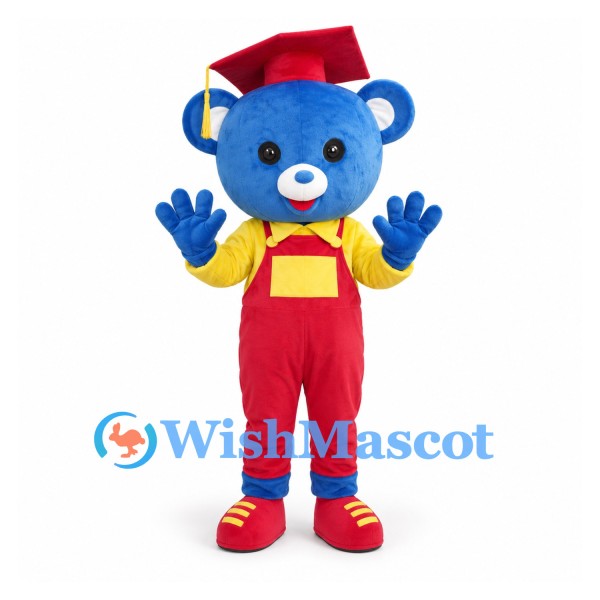 Bear Mascot Costume in Blue with Red Graduation Cap and Overalls