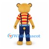 Bear Mascot Costume with Striped Shirt and Navy Suspenders