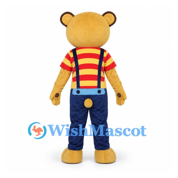 Bear Mascot Costume with Striped Shirt and Navy Suspenders