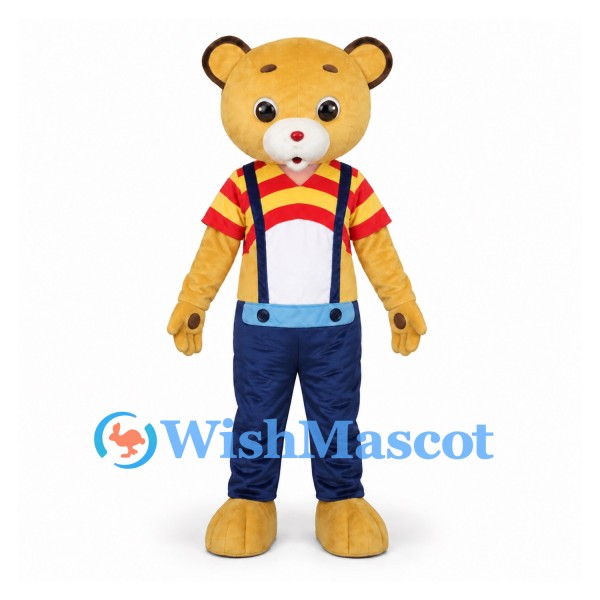 Bear Mascot Costume with Striped Shirt and Navy Suspenders
