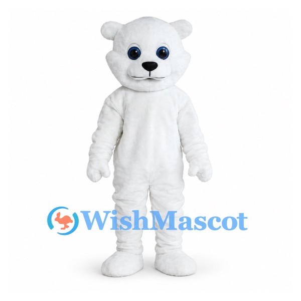 Bear Mascot Costume in White with Large Blue Eyes