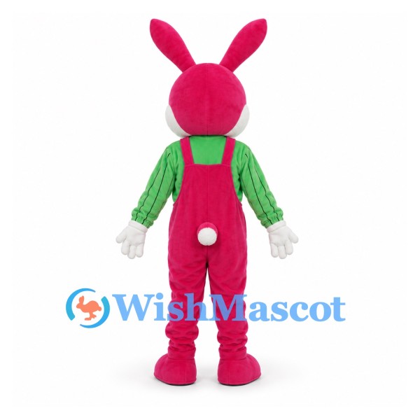 Rabbit Mascot Costume in Pink with Green Shirt and Overalls