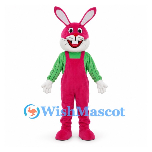 Rabbit Mascot Costume in Pink with Green Shirt and Overalls