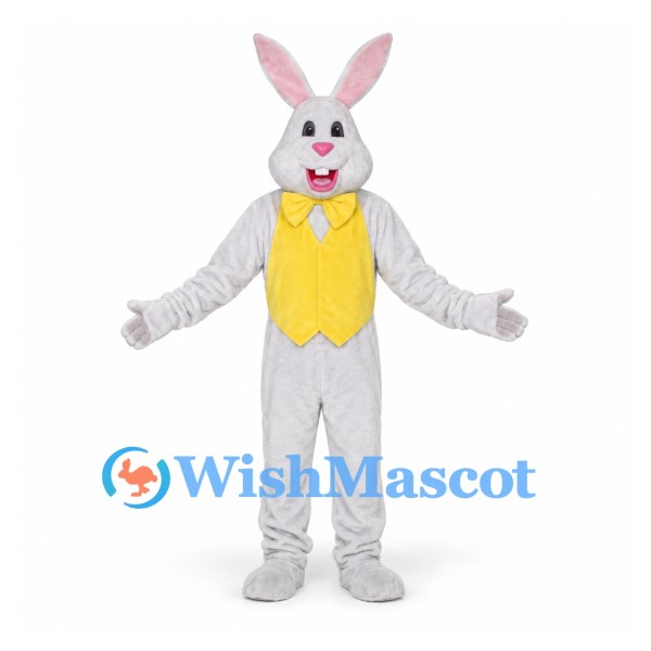 Rabbit Mascot Costume in Gray with Yellow Vest and Bow Tie