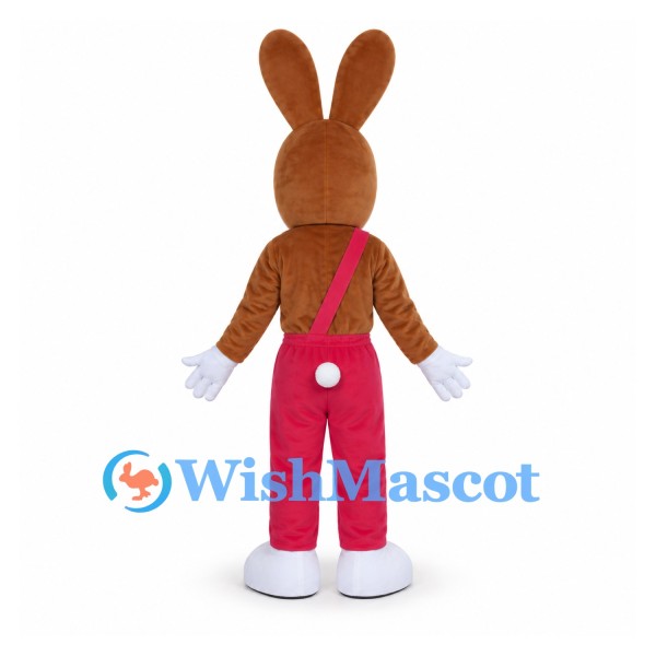 Rabbit Mascot Costume in Brown with Red Suspenders and Pants