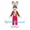 Rabbit Mascot Costume in Brown with Red Suspenders and Pants