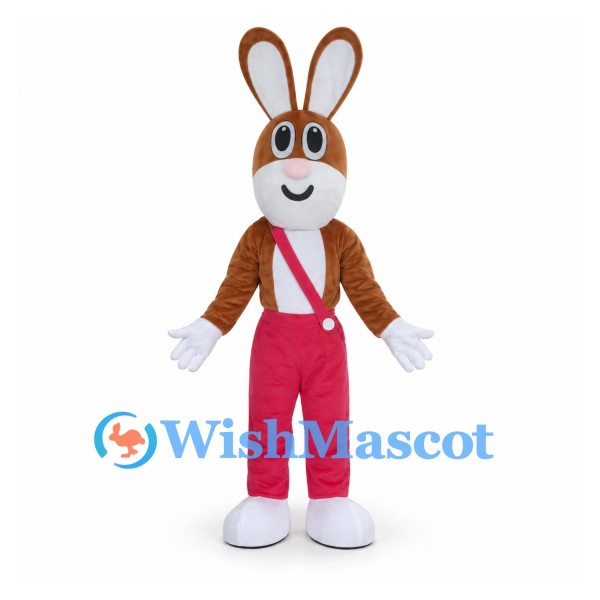 Rabbit Mascot Costume in Brown with Red Suspenders and Pants