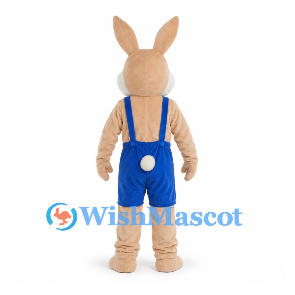 Rabbit Mascot Costume in Tan with Blue Shorts and Suspenders