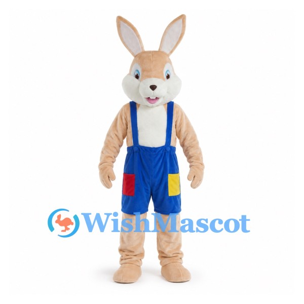 Rabbit Mascot Costume in Tan with Blue Shorts and Suspenders