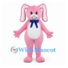 Rabbit Mascot Costume in Pink with Floppy Ears and Blue Bow