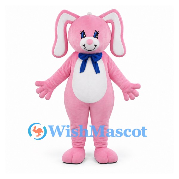 Rabbit Mascot Costume in Pink with Floppy Ears and Blue Bow