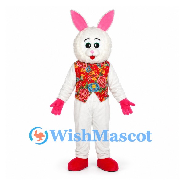 Rabbit Mascot Costume in White with Floral Vest