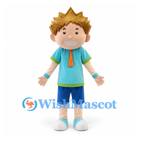 Boy Mascot Costume with Spiky Brown Hair and Turquoise Shirt