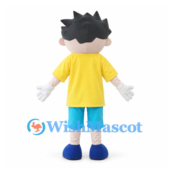 Boy Mascot Costume with Black Spiky Hair and Yellow Shirt