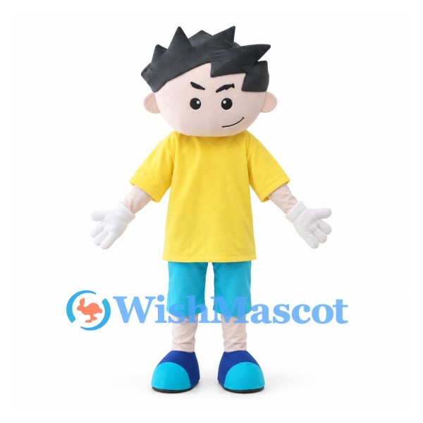 Boy Mascot Costume with Black Spiky Hair and Yellow Shirt