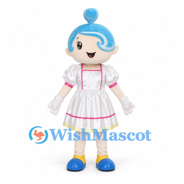 Girl Mascot Costume with Blue Hair and White Dress