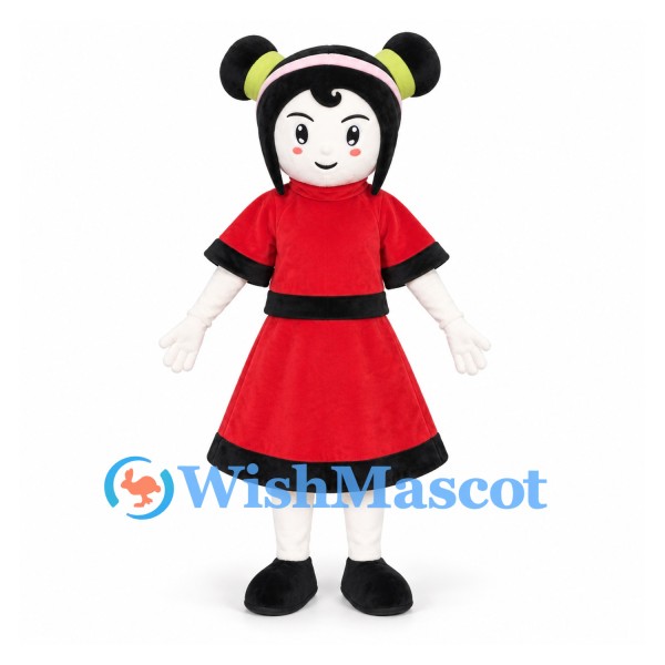 Girl Mascot Costume with Red Dress and Round Hair Buns