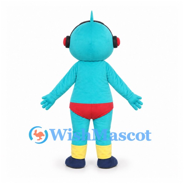 Bird Mascot Costume in Turquoise with Red Headphones
