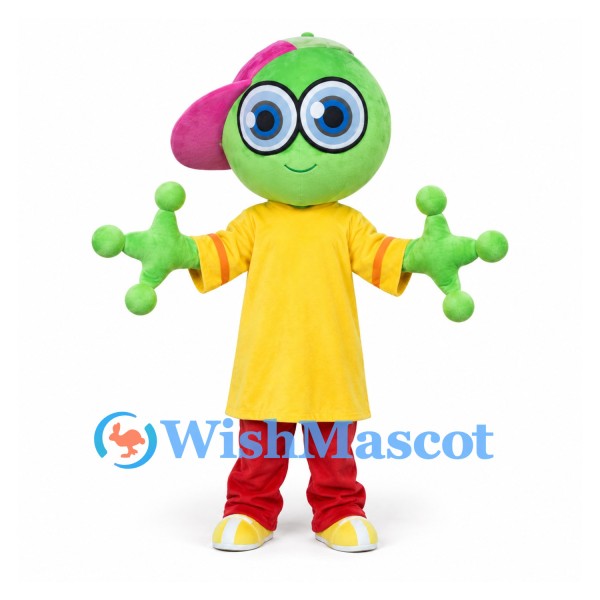 Alien Mascot Costume in Green with Yellow Shirt and Red Pants