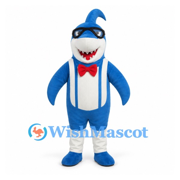 Shark Mascot Costume in Blue with Goggles and Bow Tie