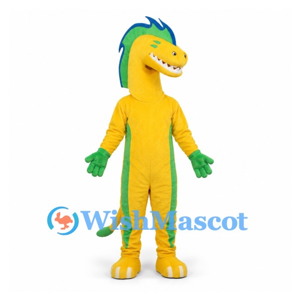 Dragon Mascot Costume in Yellow with Green Mane and Tail