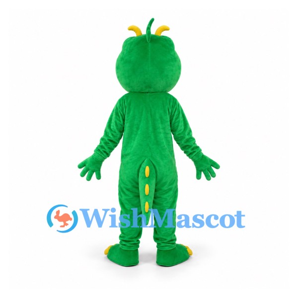Dinosaur Mascot Costume in Green with Yellow Belly and Orange Horns