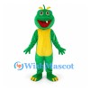 Dinosaur Mascot Costume in Green with Yellow Belly and Orange Horns