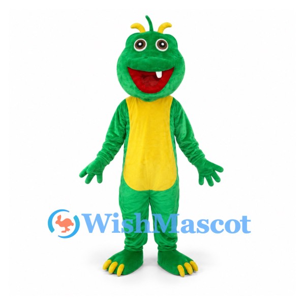 Dinosaur Mascot Costume in Green with Yellow Belly and Orange Horns