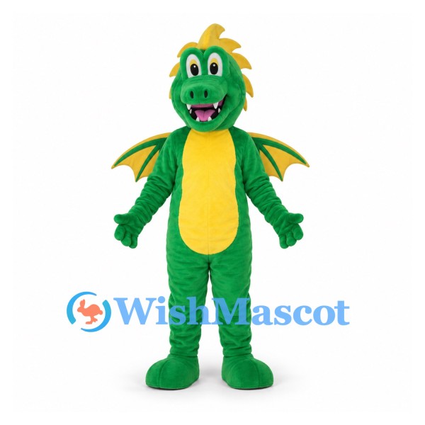 Dragon Mascot Costume in Green with Yellow Wings and Spines