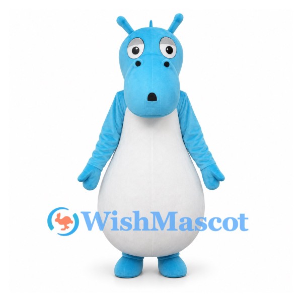 Hippo Mascot Costume in Blue with Rounded White Belly