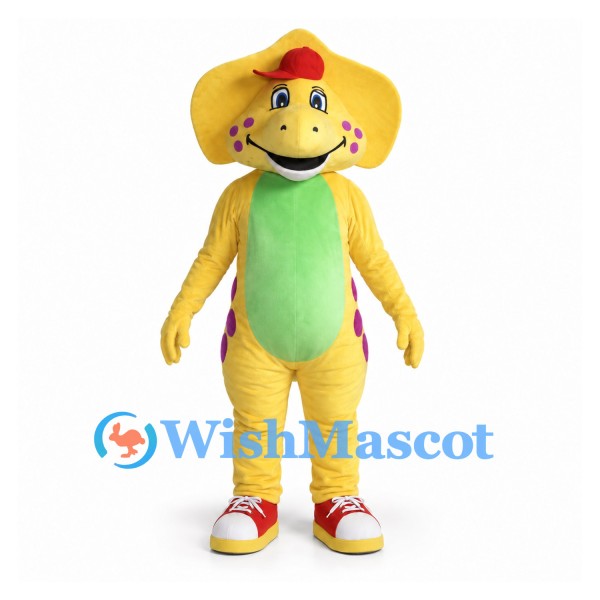 Elephant Mascot Costume in Yellow with Green Belly and Red Cap
