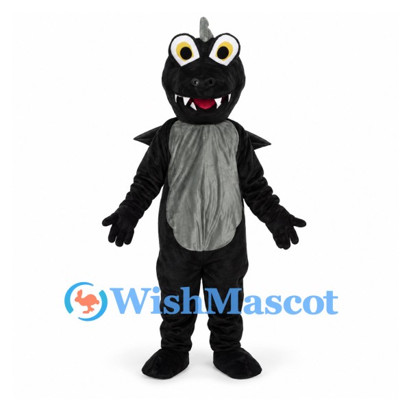 Dragon Mascot Costume in Black with Gray Belly and Horn