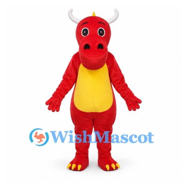 Dragon Mascot Costume in Red with Yellow Belly and White Horns
