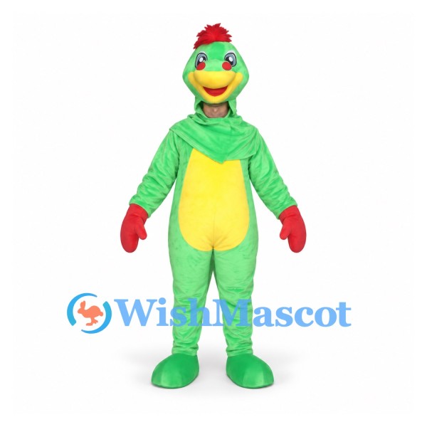 Chicken Mascot Costume in Green with Yellow Belly and Red Comb
