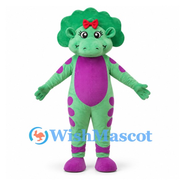 Dinosaur Mascot Costume in Green with Purple Spots and Bow