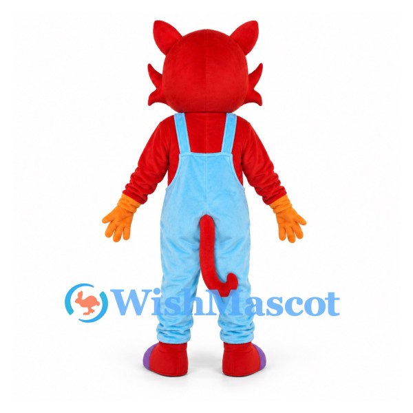 Cat Mascot Costume in Red with Light Blue Overalls