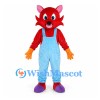 Cat Mascot Costume in Red with Light Blue Overalls