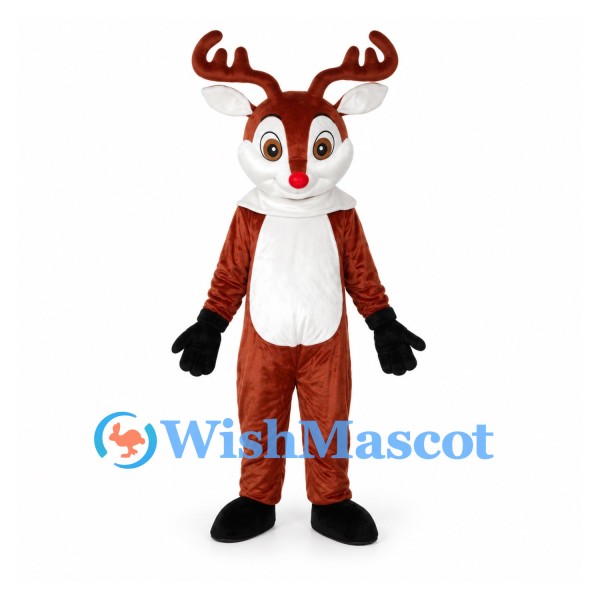 Reindeer Mascot Costume in Brown with White Belly and Red Nose