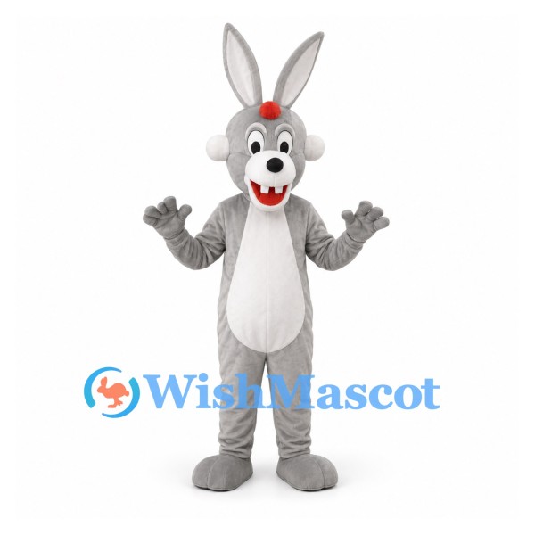 Rabbit Mascot Costume in Gray with White Belly and Red Nose