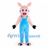 Pig Mascot Costume in Pink with Light Blue Overalls