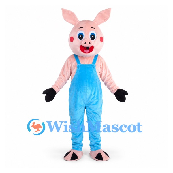 Pig Mascot Costume in Pink with Light Blue Overalls