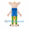 Pig Mascot Costume with Blue Floral Vest and Striped Pants