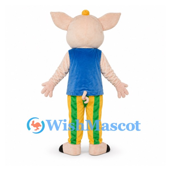 Pig Mascot Costume with Blue Floral Vest and Striped Pants